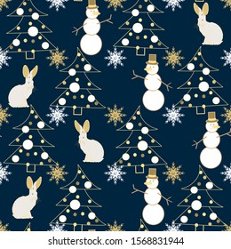 seamless background with snowman and christmas tree, vector design