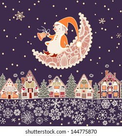  Seamless background with snowman, lacy moon and Christmas town. Vector pattern.
