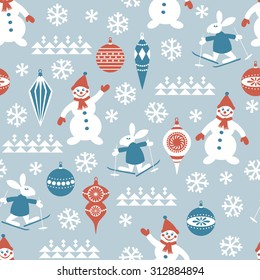 Seamless background with snowman, skiing rabbit, snowflakes and christmas decorations for winter and christmas theme. Vector illustration.