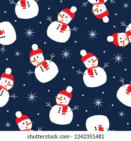  Nahtloser Hintergrund mit Schneemann und Schneeflocke. Design für Verpackung, Stoff, Druck. Vektorgrafik.