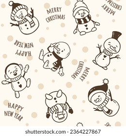 Seamless background with snowmen, christmas background for your design. Happy new year. Vector illustration