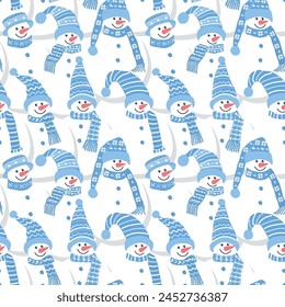 Nahtloser Hintergrund mit Schneemännern. Nette Schneemänner in blauen Wintermützen und Schals. Wintermuster. Hintergrund der Weihnachtsmusiken. Gedränge. Vektorillustration