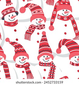 Nahtloser Hintergrund mit Schneemännern. Nette Schneemänner in roten Wintermützen und Schals. Wintermuster. Gedränge. Vektorillustration