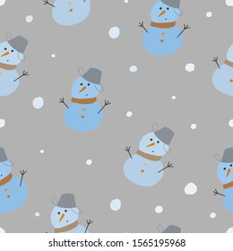 Seamless background of snowmen and snowstorms. Cyan, gray colors predominate. Perfect for winter decorations, Christmas, postcards, invitations, fabrics.