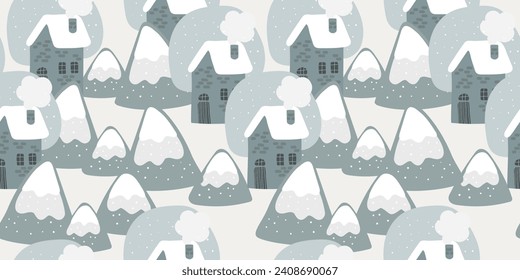 Seamless background with snowy village seamless pattern of houses and mountains kids background for wrapping paper, notebook, scrapbook