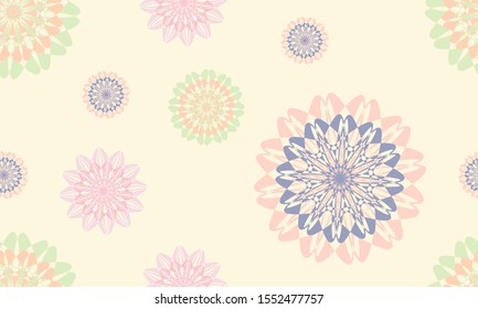 Seamless background of soft pastel color Mandala pattern in a random arrangement, suitable for textile, wrap paper, wallpaper. Vector illustration.