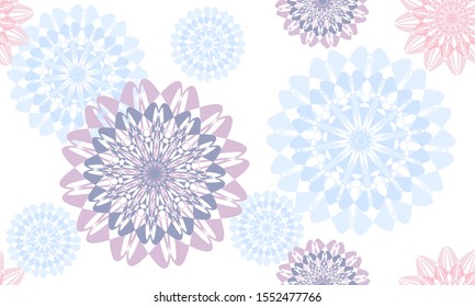 Seamless background of soft pastel color Mandala pattern in a random arrangement, suitable for textile, wrap paper, wallpaper. Vector illustration.