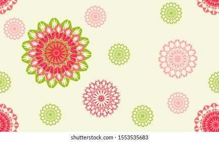 Seamless background of soft pastel color Mandala pattern in a random arrangement, suitable for textile, wrap paper, wallpaper. Vector illustration.
