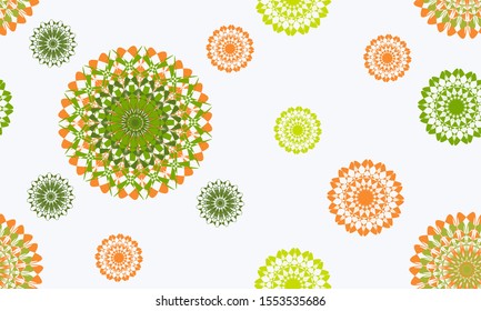 Seamless background of soft pastel color Mandala pattern in a random arrangement, suitable for textile, wrap paper, wallpaper. Vector illustration.