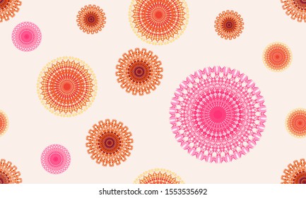 Seamless background of soft pastel color Mandala pattern in a random arrangement, suitable for textile, wrap paper, wallpaper. Vector illustration.
