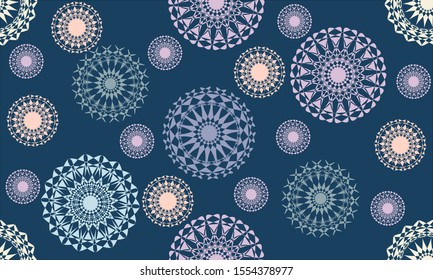 Seamless background of soft pastel color Mandala pattern in a random arrangement, suitable for textile, wrap paper, wallpaper. Vector illustration.