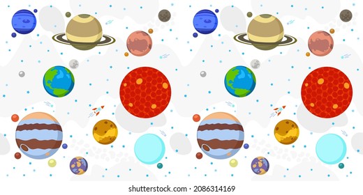 Seamless Background Of Solar System With Cartoon Planets, Sun, Mars, Mercury, Earth, Venus, Jupiter, Saturn, Uranus, Neptune, Pluto 