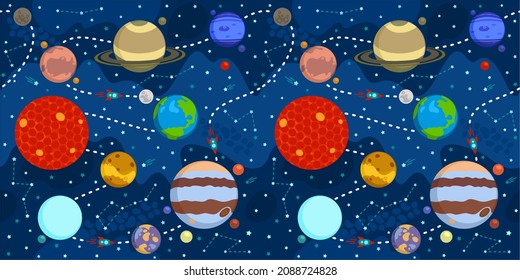Seamless Background Of Solar System With Cartoon Planets, Sun, Mars, Mercury, Earth, Venus, Jupiter, Saturn, Uranus, Neptune, Pluto. Space Ship Travel Template