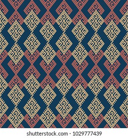 Seamless background southeast Asian retro aboriginal traditional art textile pattern check polygon spiral cross tracery frame