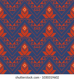 Seamless background southeast Asian retro aboriginal traditional art textile pattern triangle geometry cross dot line frame flower