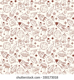 Seamless background with space elements, space ships, planets, astronauts, stars etc