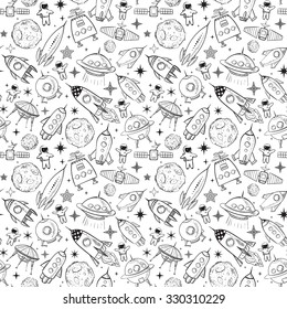 Seamless background with space elements, space ships, planets, astronauts, stars etc
