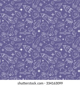 Seamless background with space elements, space ships, planets, astronauts, stars etc