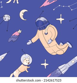 seamless background with space objects - cosmonaut, dog in a spacesuit, satellite, comet, moon, stars, constellations - illustration in cartoon style