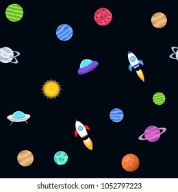 Seamless background of space objects. Planets, star, comet, spaceship, cosmic stations. Collection of outer space icons Vector illustration