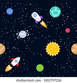 Seamless background of space objects. Planets, spaceship. Collection of outer space icons Vector illustration