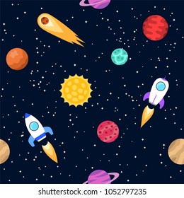 Seamless background of space objects. Planets, spaceship. Collection of outer space icons Vector illustration