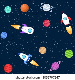 Seamless background of space objects. Planets, spaceship. Collection of outer space icons Vector illustration