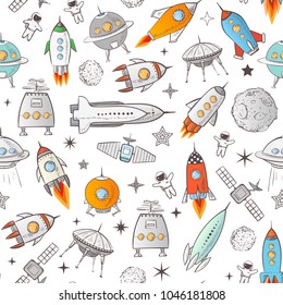 Seamless background with space rockets, astronauts, satellites, stars and other space objects on white background