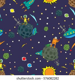 Seamless background, space, rockets and UFOs stars. Meeting with other reason. Peace, friendship