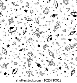 seamless background with spaceships and doodle design elements, design for children