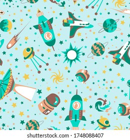 Seamless background with spaceships and stars, Space vector illustration