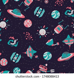 Seamless background with spaceships and stars, Space vector illustration
