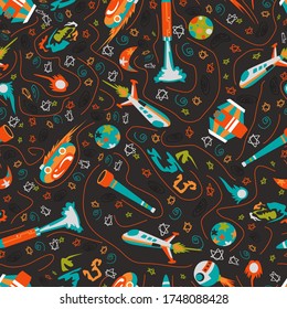 Seamless background with spaceships and stars, Space vector illustration