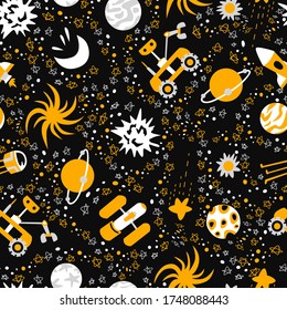 Seamless background with spaceships and stars, Space vector illustration