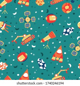 Seamless background with spaceships and stars, vector illustration