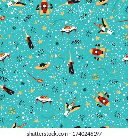 Seamless background with spaceships and stars, vector illustration