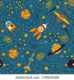 Seamless background with spaceships and stars, vector illustration