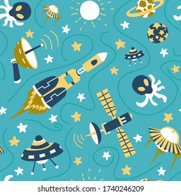Seamless background with spaceships and stars, vector illustration