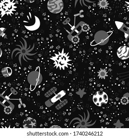 Seamless background with spaceships and stars, vector illustration