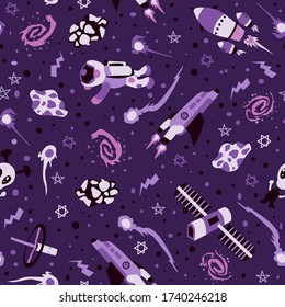 Seamless background with spaceships and stars, vector illustration