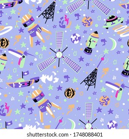 Seamless background with spaceships and stars, vector illustration