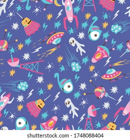 Seamless background with spaceships and stars, vector illustration