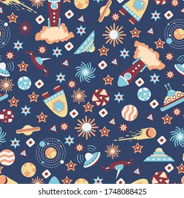 Fondo sin inconvenientes con naves espaciales y estrellas, ilustración vectorial