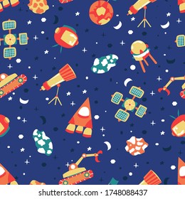 Seamless background with spaceships and stars, vector illustration