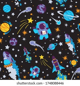 Seamless background with spaceships and stars, vector illustration