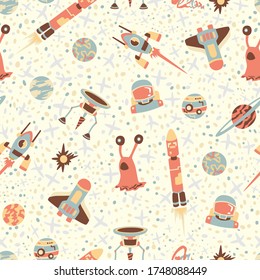 Seamless background with spaceships and stars, vector illustration