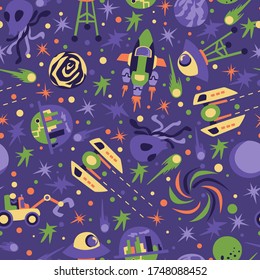 Seamless background with spaceships and stars, vector illustration