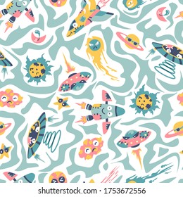Seamless background with spaceships and stars, vector illustration