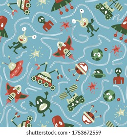 Seamless background with spaceships and stars, vector illustration