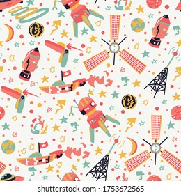 Seamless background with spaceships and stars, vector illustration